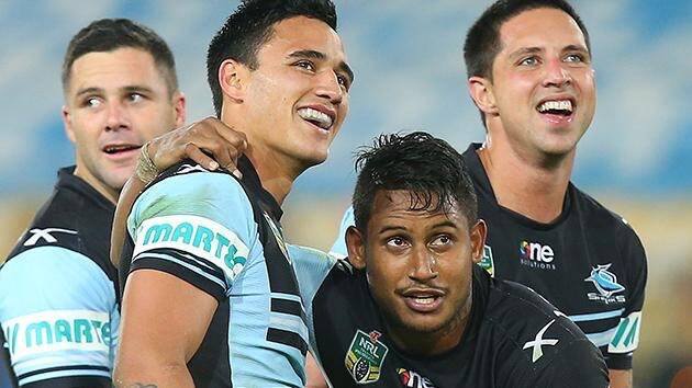 Holmes a Caught: Golden Point field goal wins the match for  Sharks. Picture:  Channel  Seven, Getty Images.
