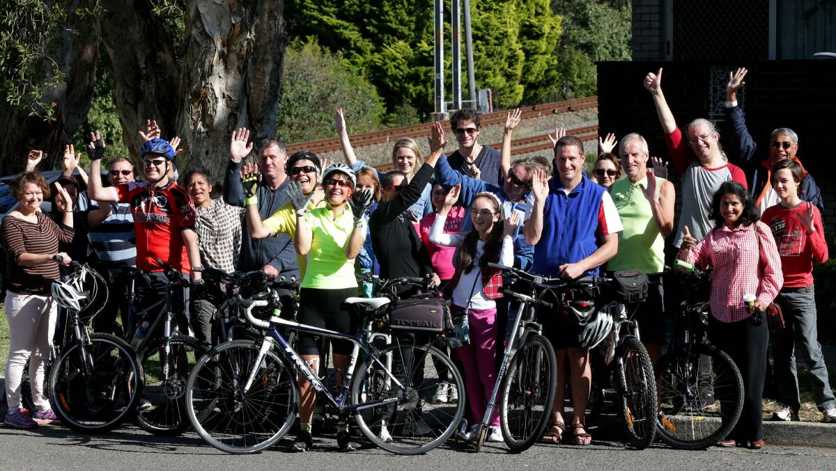 Pumped up: Cyclists, gathered on the edge of the rail corridor at Gymea, have welcomed the announcement. Picture: Jane Dyson
