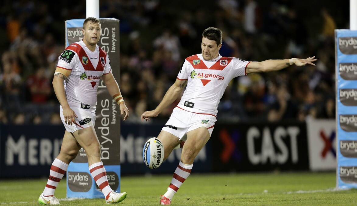 Pivot: Dragons five-eighth Gareth Widdop’s kicking game is important for the Dragons. Picture: Anna Warr.
