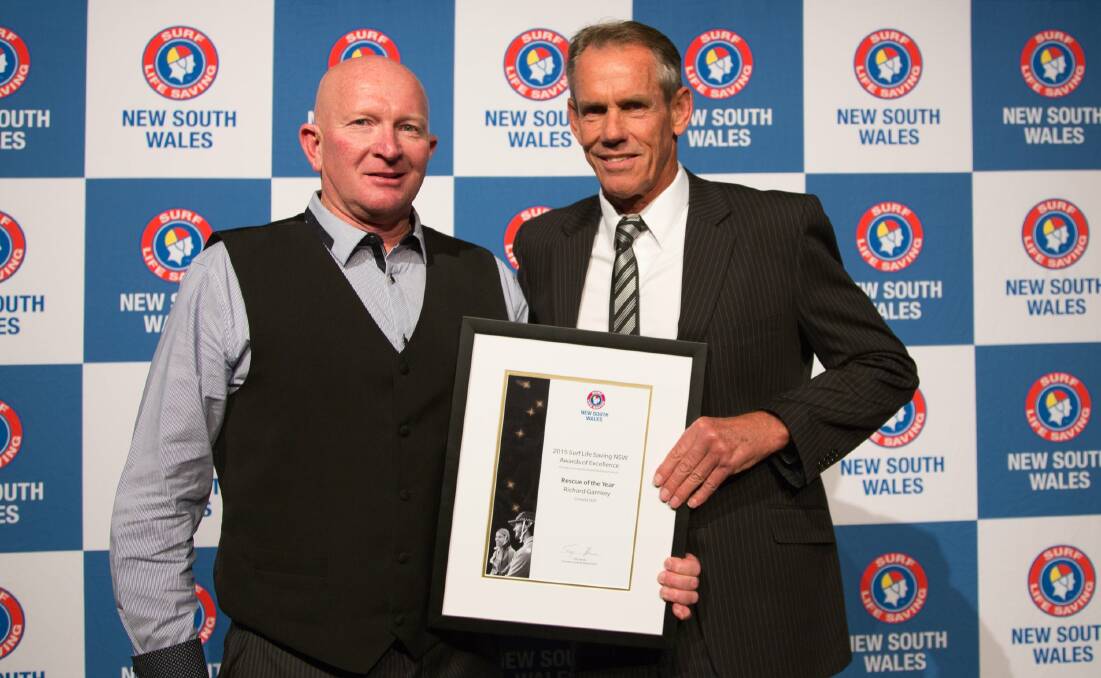Top rescue: Cronulla SLSC’s Richard Garnsey (left) and Jon Lavers after being awarded the Rescue of the Year.

