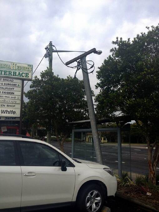 Second time: Damage caused to a light pole at the shopping centre at Sylvania Heights when it was hit by a car on June 1. It was the second time the light pole had been struck.
