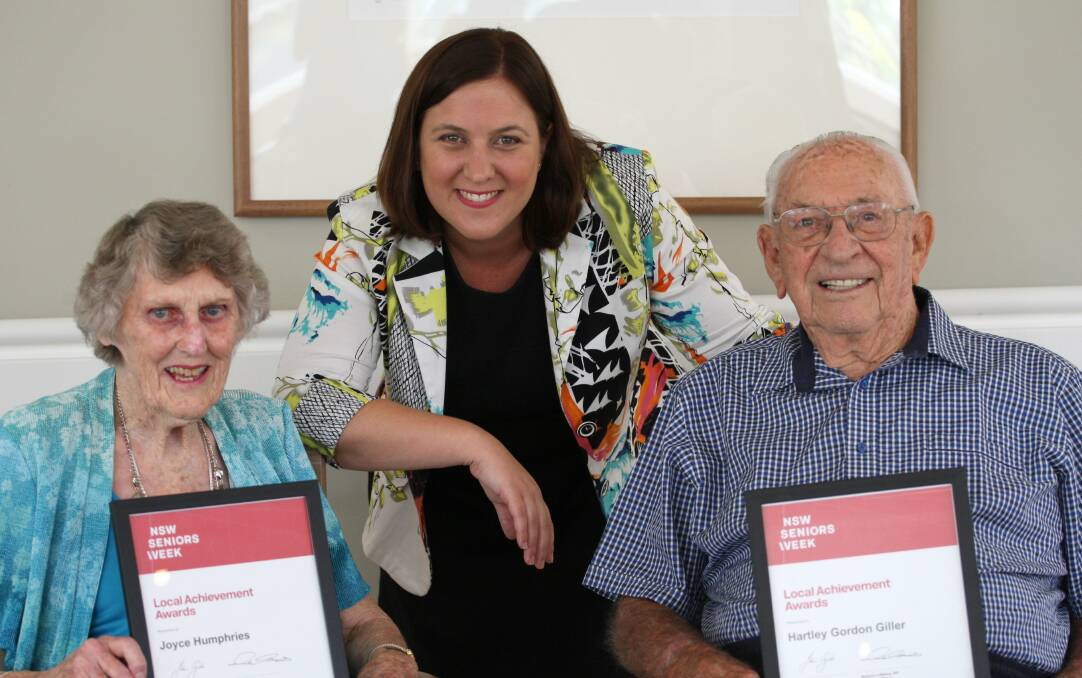Volunteers praised: Menai MP Melanie Gibbons acknowledged the volunteering contribution over many years of Joyce Humphries and Hartley Giller. Picture: Sam Venn
