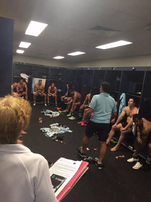 On ya!:  Coach Shane Flanagan  praises the Sharks after the game. Picture: Cronulla Sharks Twitter
