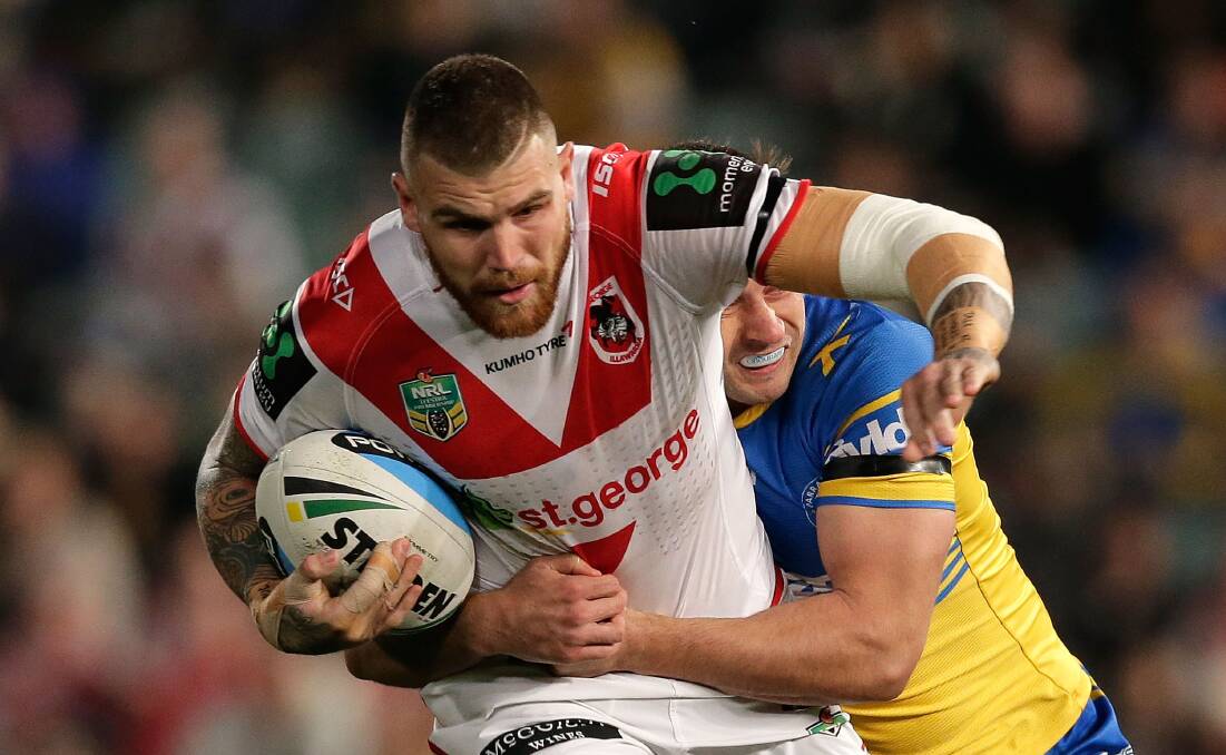 Way to go: Josh Dugan is tackled during the round 16 NRL match between Parramatta Eels and the St George Illawarra Dragons at Pirtek Stadium Sydney. Picture: Mark Metcalfe/Getty Images

