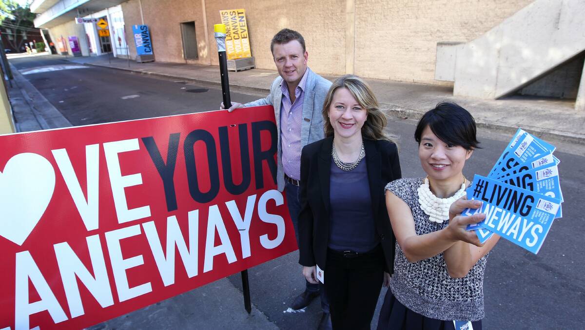 To market to market: Rockdale mayor Shane O’Brien, manager of Urban environnment Erika Roka and Irene Chan(urban designer) are pictured last year urging people to become involved in the Living Laneways market, which has received a great response. Picture John Veage

