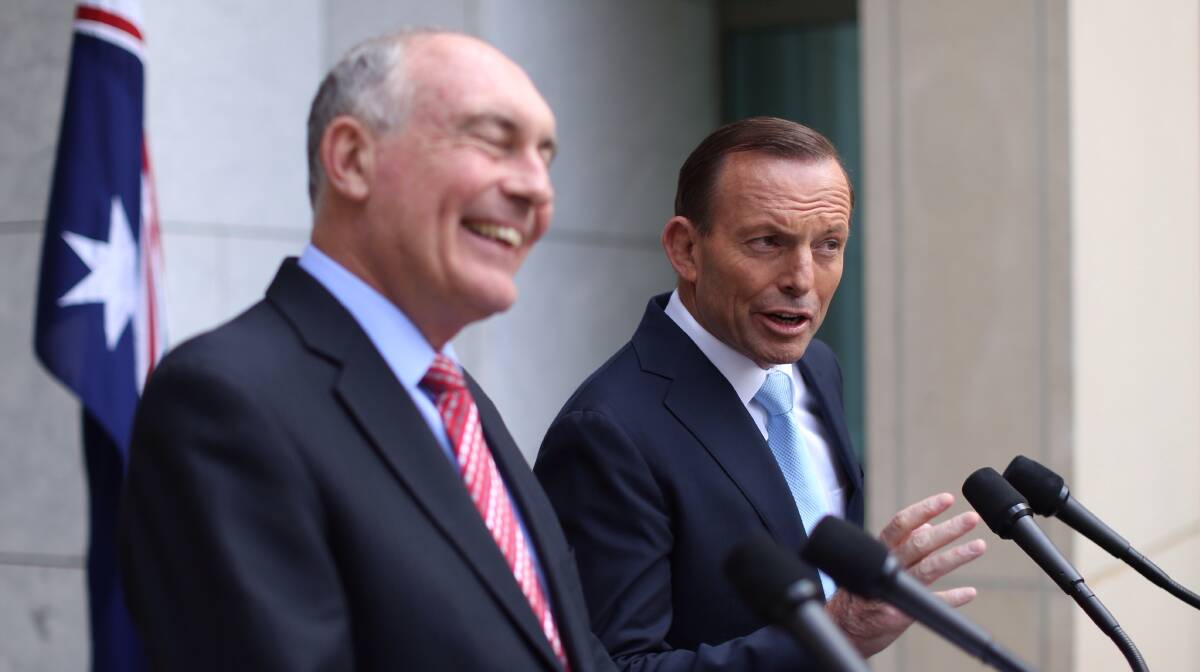 Up and away: Prime Minister Tony Abbott and Deputy Leader Warren Truss announce Badgerys Creek as the site of second Sydney airport. Picture: Andrew Meares

