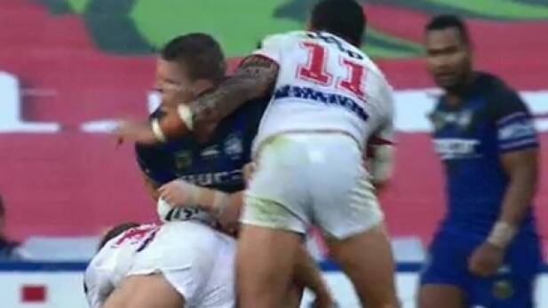 High shot: Tyson Frizell collects Tim Browne high. Photo: Channel 9
