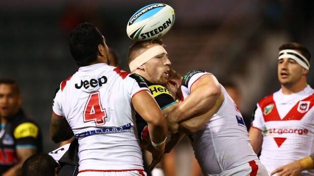 Heads up: Panthers Bryce Cartwright loses the ball. Picture: Mark Nolan.