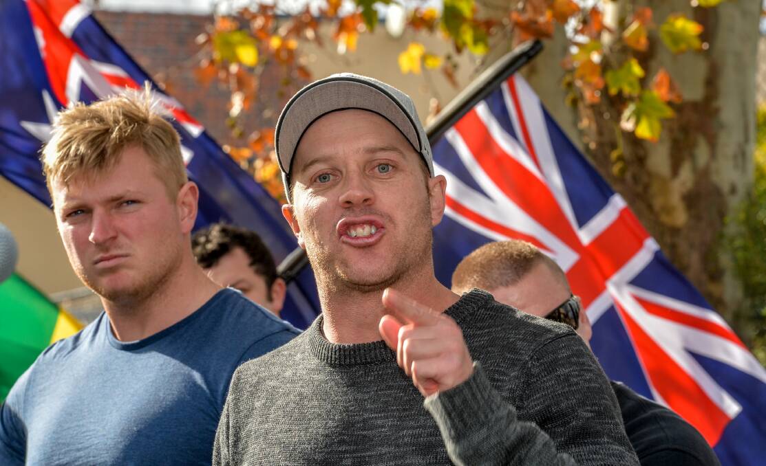 Coming to Cronulla: Shermon Burgess speaks to the United Patriots Front protesters outside Richmond town hall in Melbourne on May 31. Picture: Penny Stephens.
