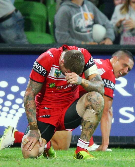 Josh Dugan (left) and Gerard Beale of the Dragons react after their team’s defeat. Picture: Michael Dodge/Getty Images
