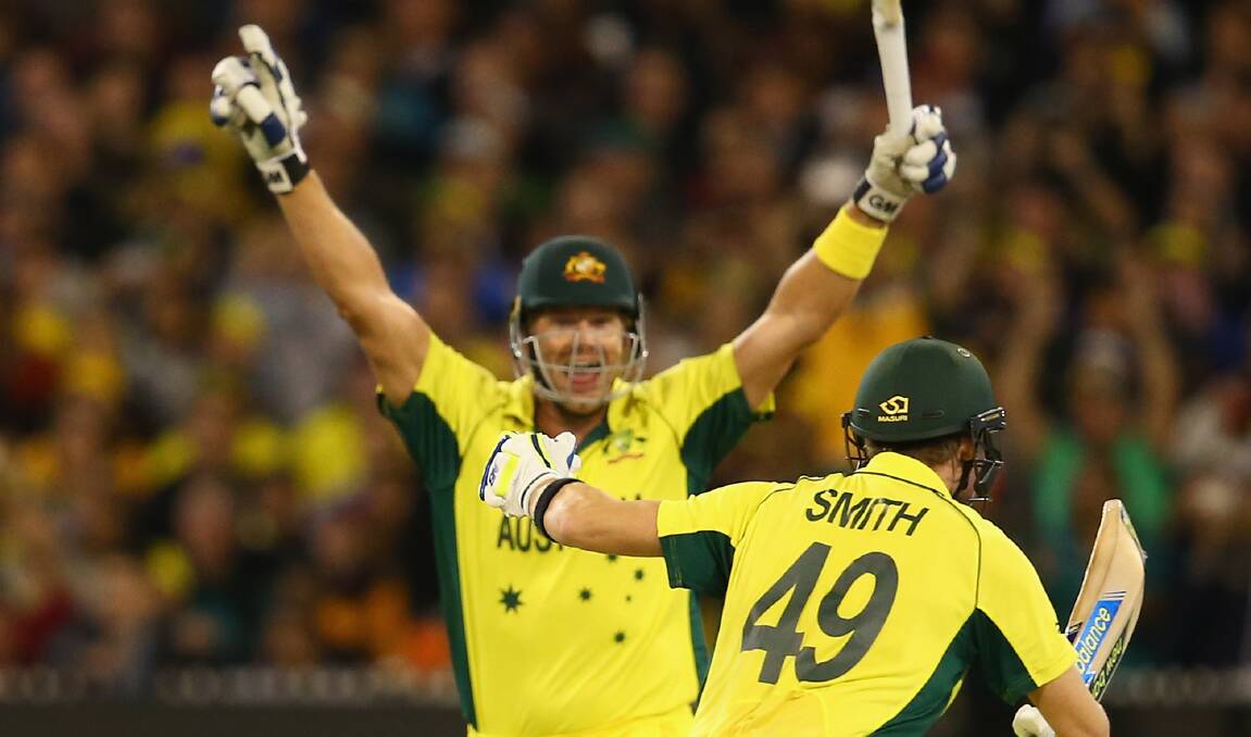 Winning runs: Sutherland duo Shane Watson and Steve Smith (back to photo) celebrate Australia’s victory over New Zealand on Sunday night at the MCG.
Picture: Mark Kolbe/Getty Images