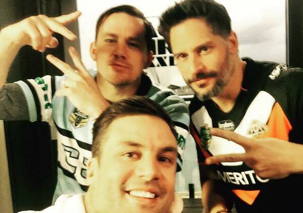 Channing Tatum in a Cronulla jersey with Joe Manganiello and Beau Ryan. Picture: Twitter