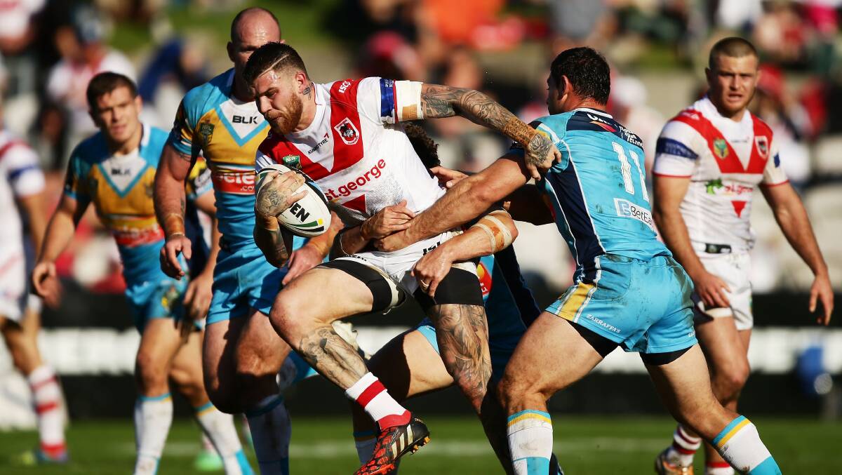 In action against the Gold Coast Titans August 24, Dragons centre Josh Dugan is one of the key men in tonight’s, clash against the Broncos at Suncorp Stadium. Picture: Chris Lane