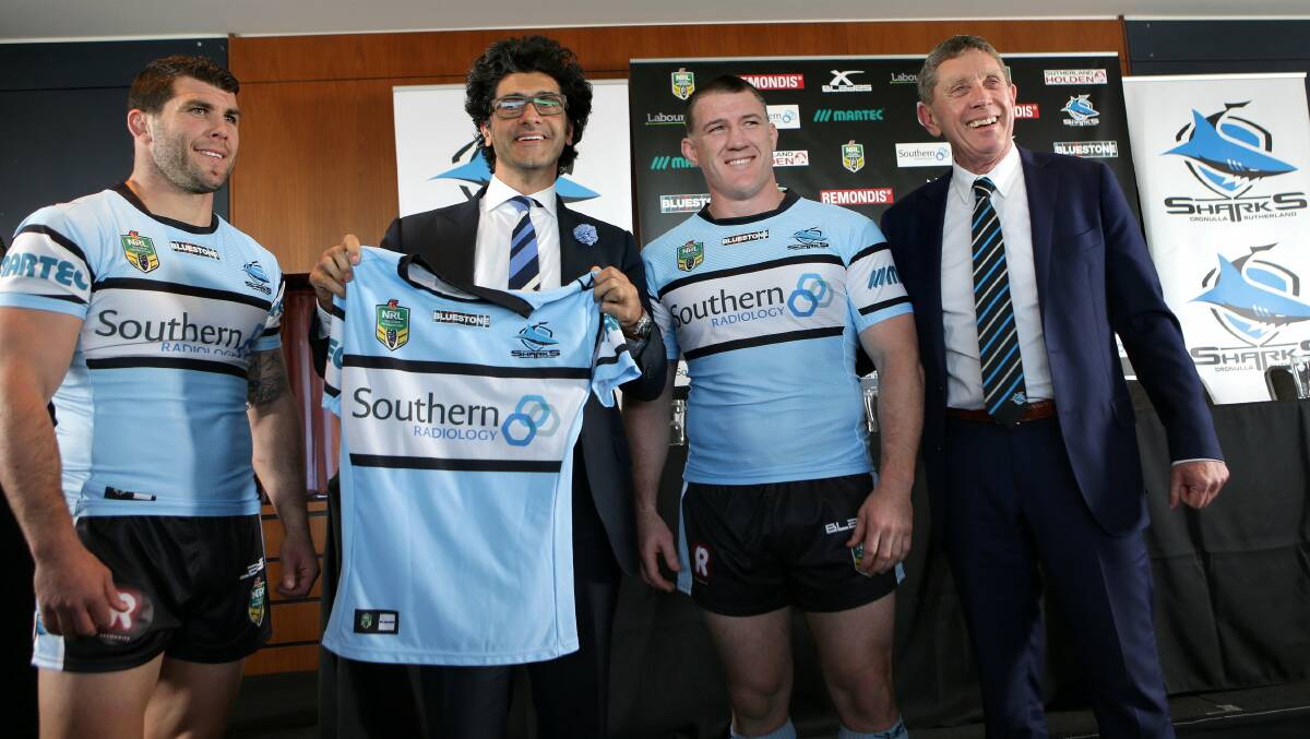 X-ray Sharks?: Michael Ennis, John Conidi, Paul Gallen and Lyall Gorman are all smiles at the official announcement. Picture: John Veage