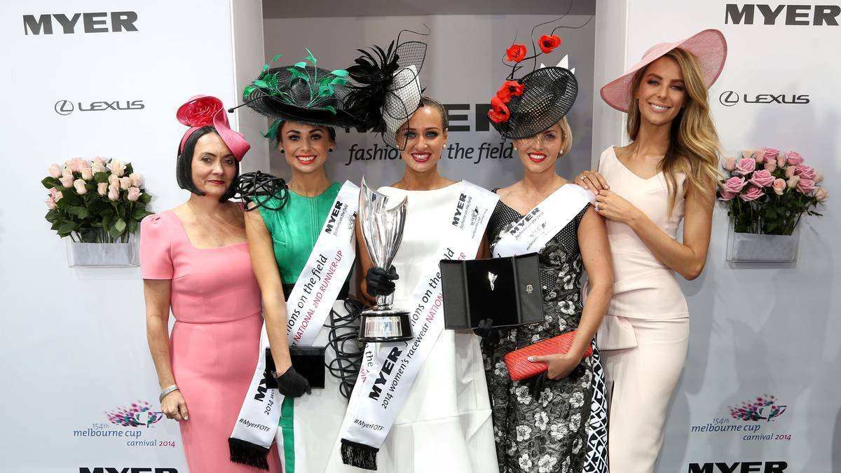 Women's Fashion Group General Manager Nicole Naccarella, Myer Fashions on the Field Women's Racewear National Final second runner up Shauna Dennett, Myer Fashions on the Field Women's Racewear National Final winner Brodie Worrell, Myer Fashions on the Field Women's Racewear National Final first runner up Nikki Gogan and Jennifer Hawkins pose in the Fashion on the Field enclosure. Photo: Getty.