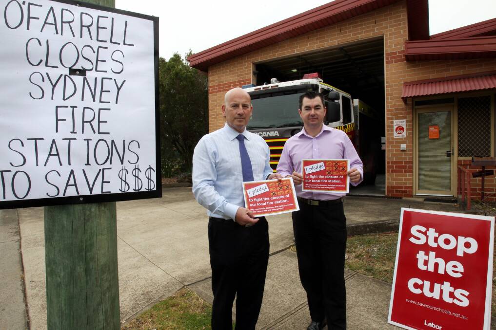 Not happy: State opposition leader John Robertson and former Hurstsville mayor Steve McMahon outside Riverwood Fire Station, which was closed on Monday night. Picture: Jane Dyson