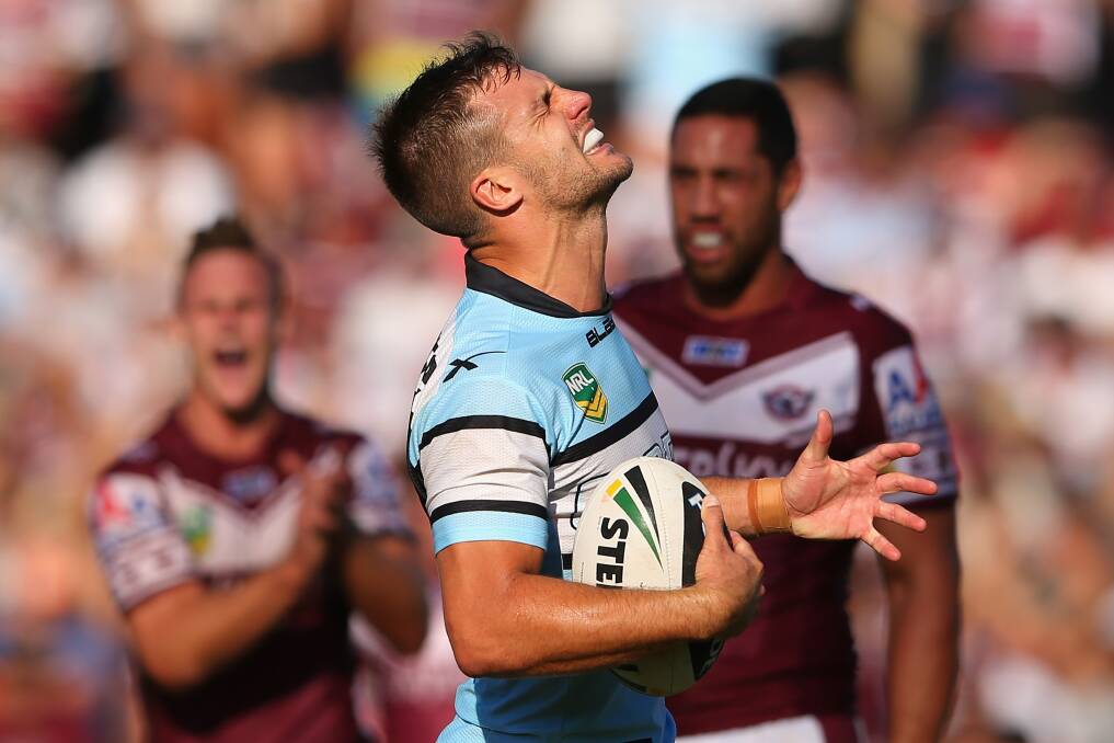  Oh brother: Sharks winger Beau Ryan grimaces in disappointment during the Sharks 25-18 loss to Manly Sea Eagles at Brookvale Oval on Sunday. The Sharks could have won the game in an improved performance, and had several players selected for representative fixtures this week. Picture: Cameron Spencer Getty Images
