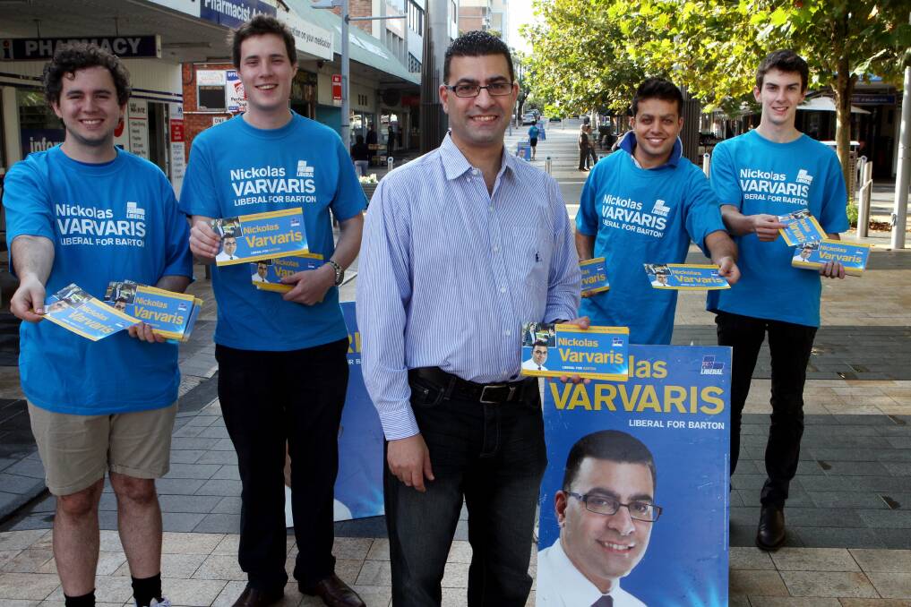 Head start: Liberal candidate for Barton, Nick Varvaris, campaigns in King Street Mall, Rockdale on Saturday. Picture: Jane Dyson
