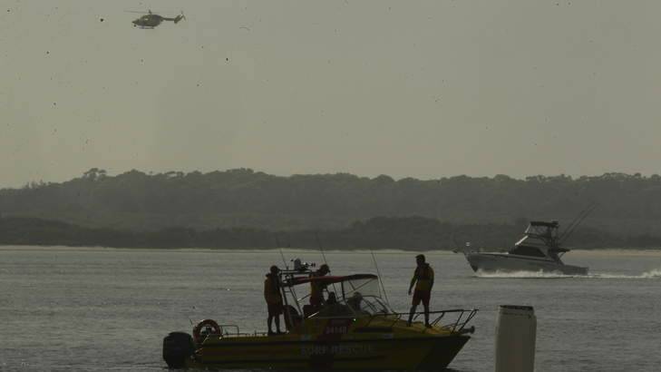 Polair and boats resume the search for missing 5 year old Ayman Ksebe near the George's River sailing club in Sandringham. Photo: Kate Geraghty
