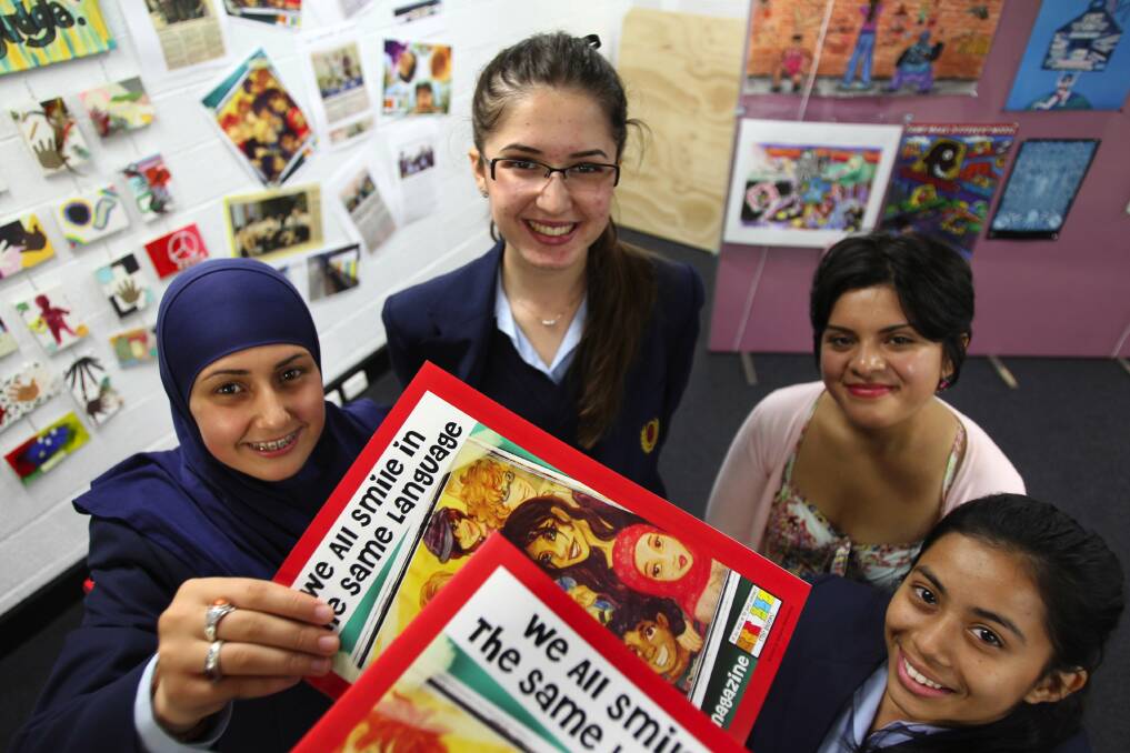 Youth watch: Zahra El-Fayed Ahmed (left), Ilina Gjurovska, Elizabeth Mora and Rukhsha Sharma at the magazine launch. The magazine is part of the organisation's anti-racism and anti-racist violence ethos.Picture John Veage