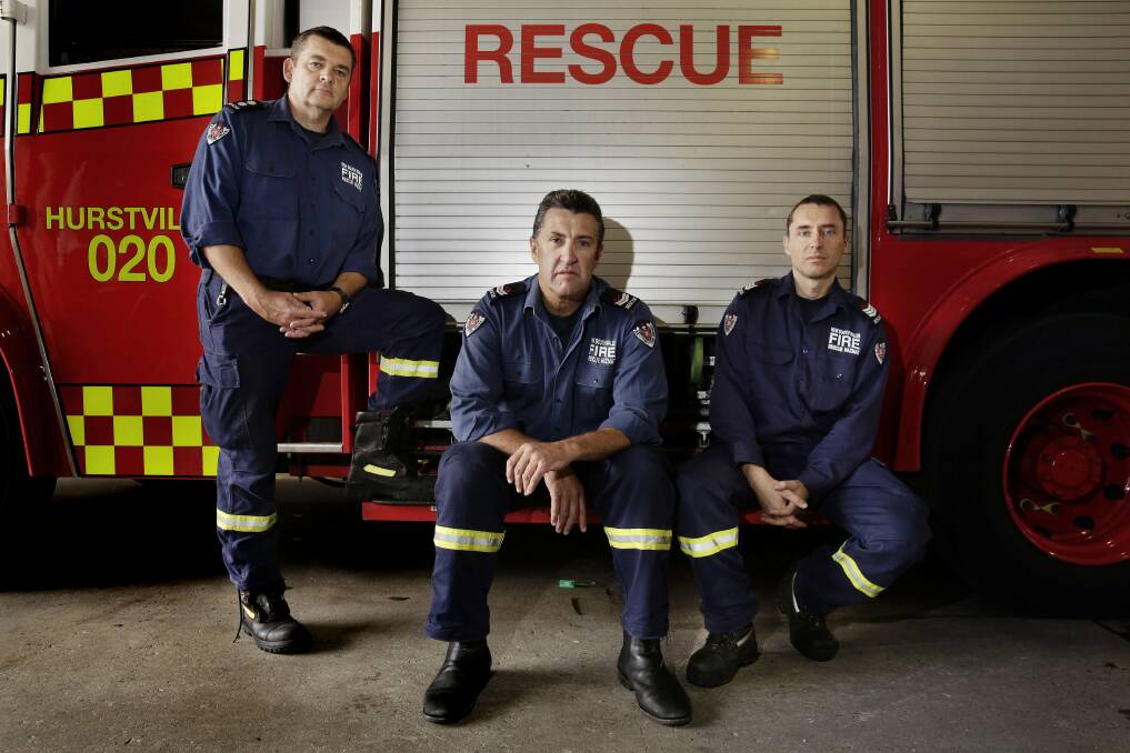 11.2.13 Three fire-fighters of Hurstville Fire Station, Station Officer Paul Shapter, Richard Rowlands and Glenn Caward, who assisted at the Waterfall rail crash.  The 10th anniversary has just occurred.