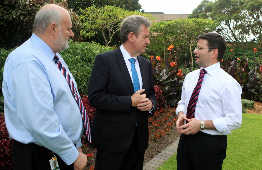 St George team: Barry O'Farrell (middle) with MPs John Flowers (left) and Mark Coure. Picture: Chris Lane
