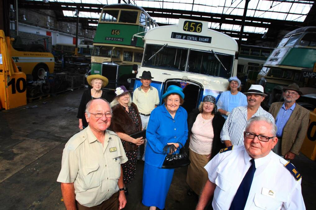 All aboard: Sydney Bus Museum manager Ray Gould (front right) with organising committee members (front), Peter Kahn. Middle: Angela Thomas (left), Dawn Emmerson, Carol McDonald, Bruce Watt. Rear: Pat Hannan (left), Cliff Emmerson, Lynn Buchman, Hans Buchman. Picture: James Alcock