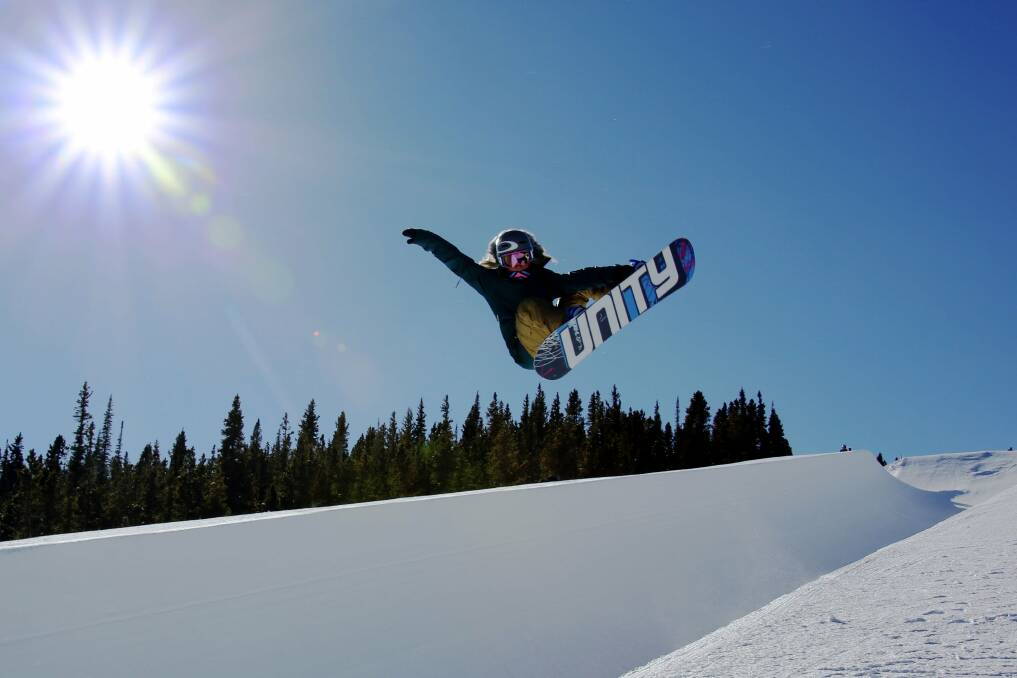 Flying high: Stephanie Magiros high in the air practising the half pipe for the Soshi Winter Olympics.Picture: Harry Magiros