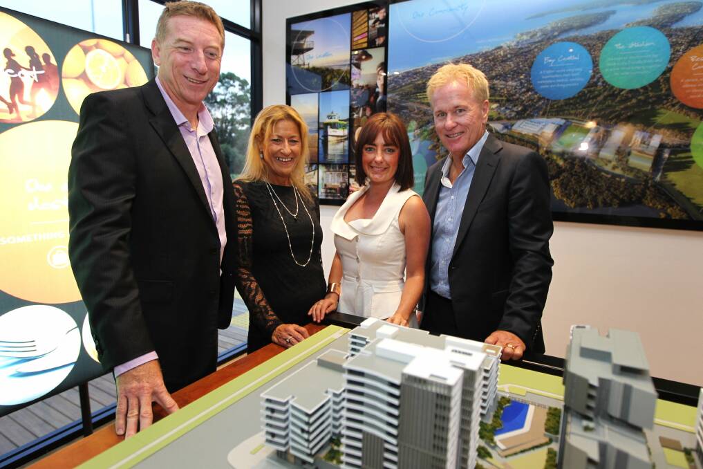 Preview of Sydneys finest Waterfront release-newest release for the woolooware bay development-l/r Darren McConnell (dep chairman sharks) Joanne Goudie (sharks supporter) Catherine Maude (Colliers Int) and Steve Grant(bluestone).Picture John Veage