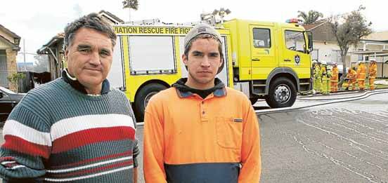 Struck out: Andrew (left) and Freeman Arbuckle, pictured with an aviation fire appliance, were the first to respond to a house fire. Pictures: Jane Dyson 