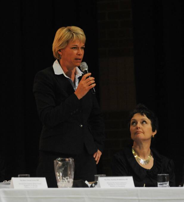 31  October 2011. Canberra Times photo by RICHARD BRIGGS Ministers Katrina Hodgkinson and Pru Goward at   the NSW cabinet community  meeting way  in Queanbeyan 