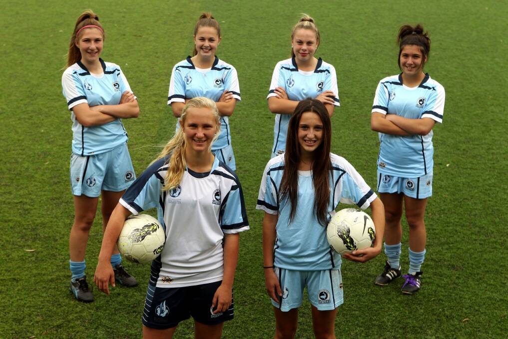 Rep honours: Sutherland's Anja Cherry (front left) Gabrielle Peak, Demi Koulizakis (from back left), Hannah Bacon, Carla Trimboli and Georgia Plessas have been picked in NSW football teams. Picture: Chris Lane