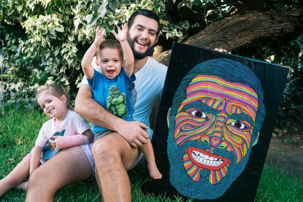 Art with bristles: Miranda artist Joel Moore with his Archibald Prize entry and children Pearl, 3, and Frankie, 1. Picture: Kieran Moore Photography