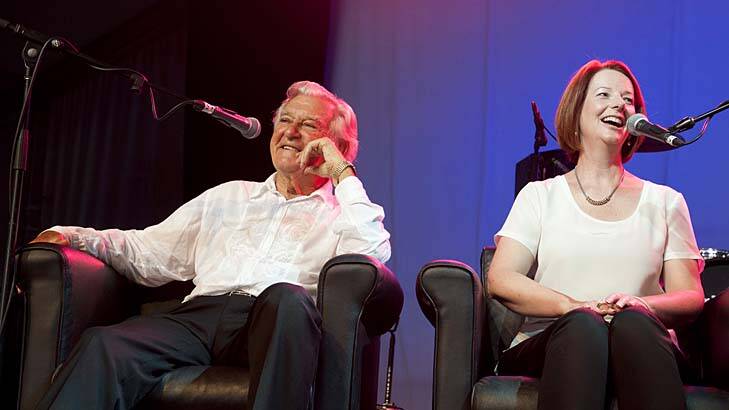 Any excuse for joy ... former prime minister Bob Hawke with Julia Gillard in a Q&A.