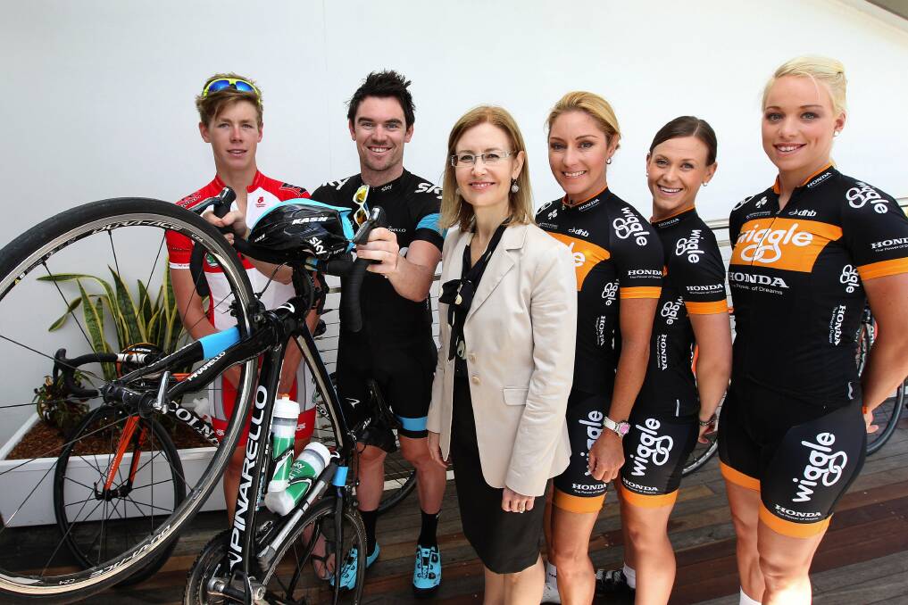 Famous bloodlines: Jay Sutton (left) with Chris Sutton, NSW Sports Minister Gabrielle Upton and Honda Wiggle team riders Rochelle Gilmore (manager), Joanne Tralaggan and German world champion Charlotte Becker at the Grand Prix launch. Picture: John Veage