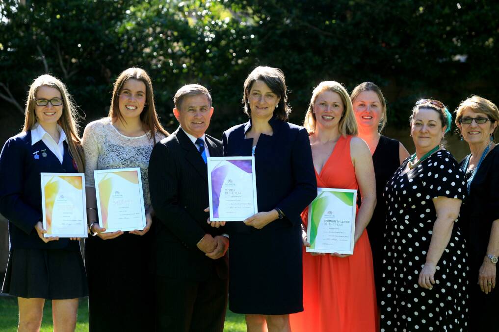 Women dominate the 2014 Sutherland Shire civic awards announced at a ceremony at Sutherland Shire Council on Tuesday afternoon. Pictured (from left) joint winners of Young Citizen of the Year Lacinda Fisk and  Carly Lovell, councillor Steve Simpson, Citizen of the Year Debbie Crowley and Community Group of the Year, Dandelion Support Network, representatives Ashlee Swindon, Sarah Mross, Nicole Lambert and Maureen Clark. Picture: Chris Lane