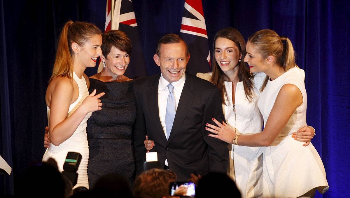 Victory: Tony Abbott gave his victory speech at the Four Seasons Hotel, Sydney. He is pictured with wife Margie and daughters Louise, Bridget and Frances. Picture: Nick Moir