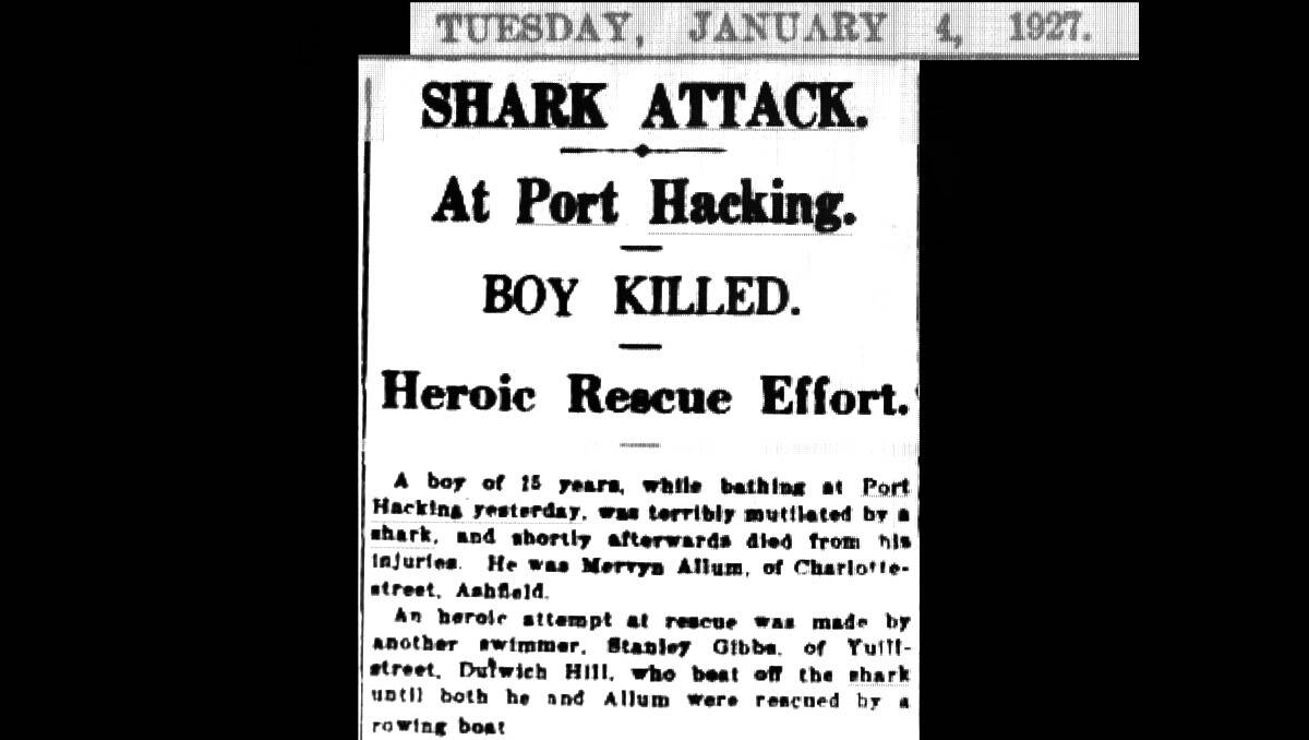 Copy of SMH article published January 4, 1927 on the fatal shark attack at Grays Point where 15-year-old Mervyn Allum died.