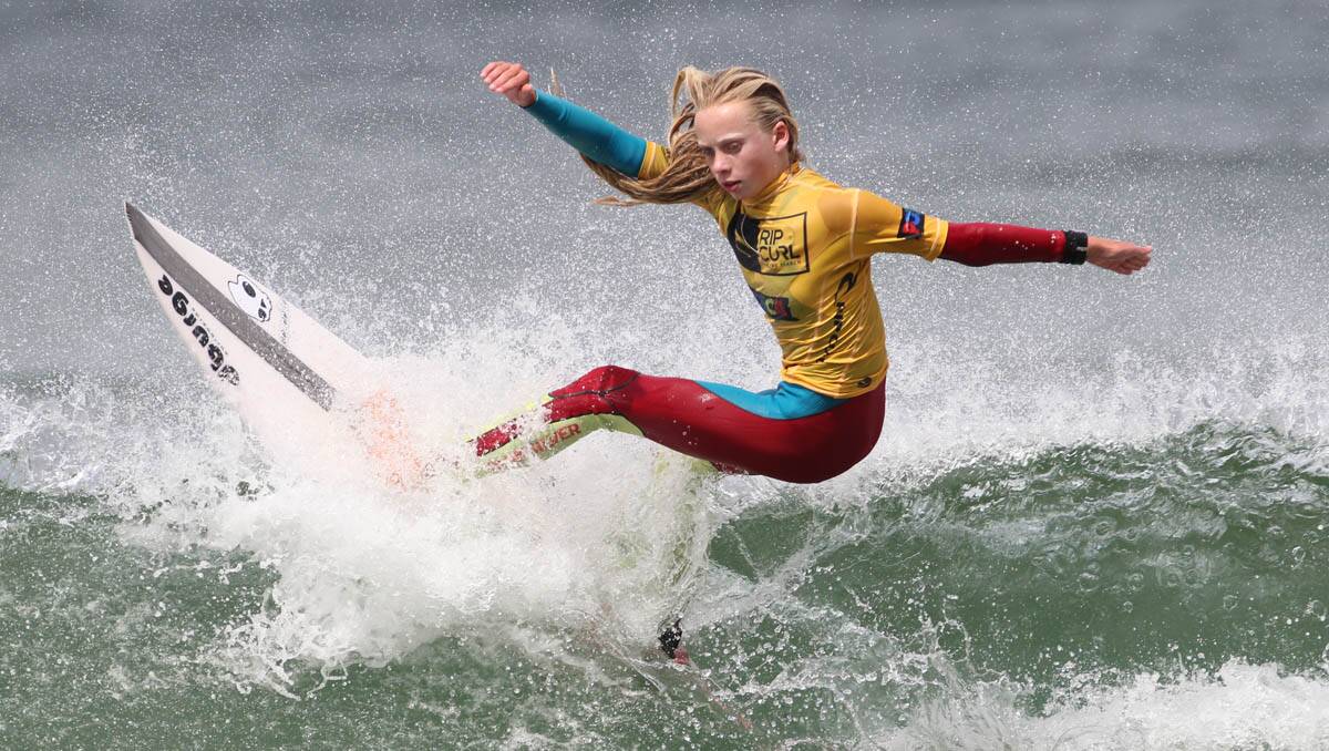 Macy Callaghan catches the wave of the final. Pictures: John Veage