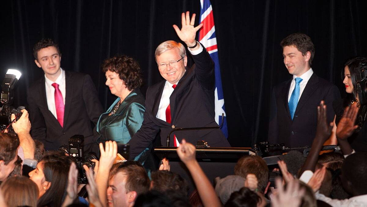 Farewell: Prime Minister Kevin Rudd and wife Therese Rein are pictured with children Marcus, Nicholas and his wife Zara at the ALP night gathering in the Legends Room at the Gabba in Brisbane. Picture: Paul Harris