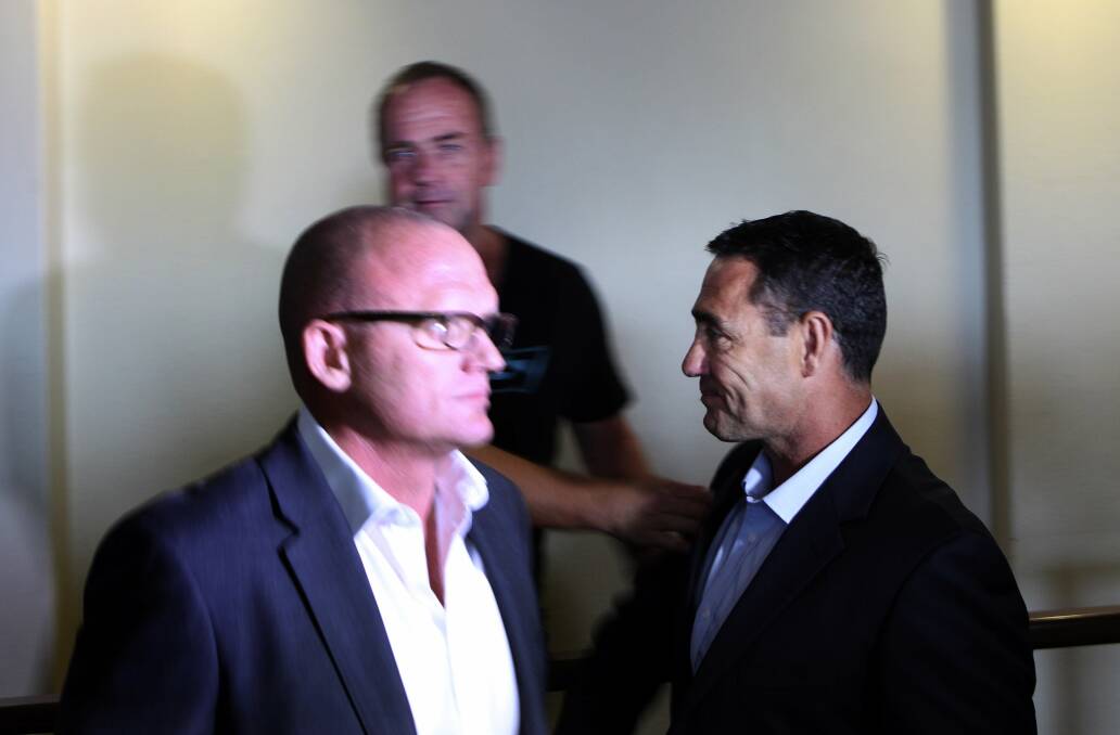 Good news: Sharks boss Glenn Coleman (left, with coach Shane Flanagan) says the club is about to secure major sponors. Picture: John Veage