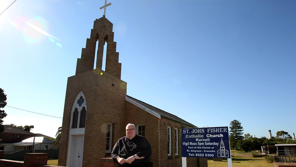  Father Tom Carroll outside the Kurnell Church. Picture : Lisa McMahon.