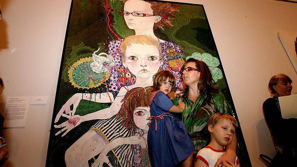 2008 - Archibald Prize winner, Sydney artist Del Kathryn Barton with her self portrait with children Kell and Arella titled "You are what is most beautiful about me" at the NSW Art Gallery. Photo: Ben Rushton