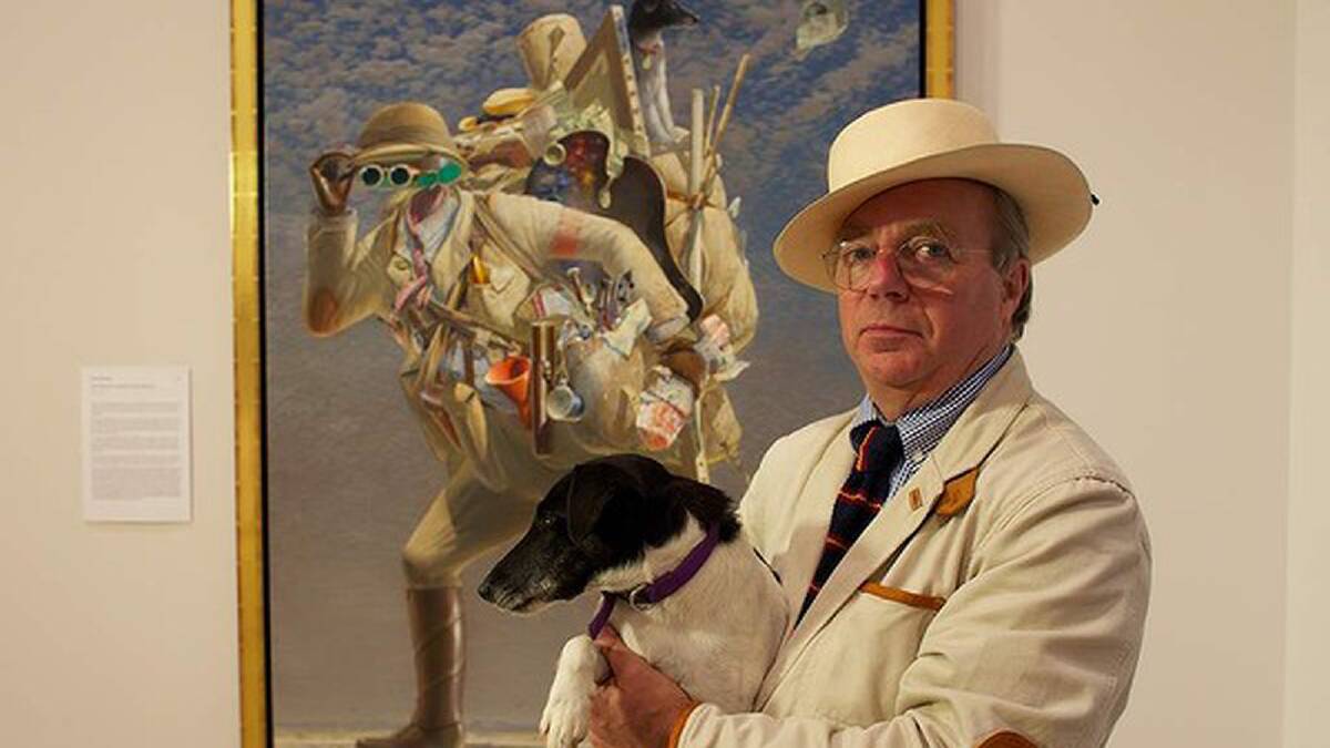 2012 - Archibald Prize winner Tim Storrier and his work titled The historic wayfarer (after Bosch) and his dog Smudge. Photo: Wolter Peeters