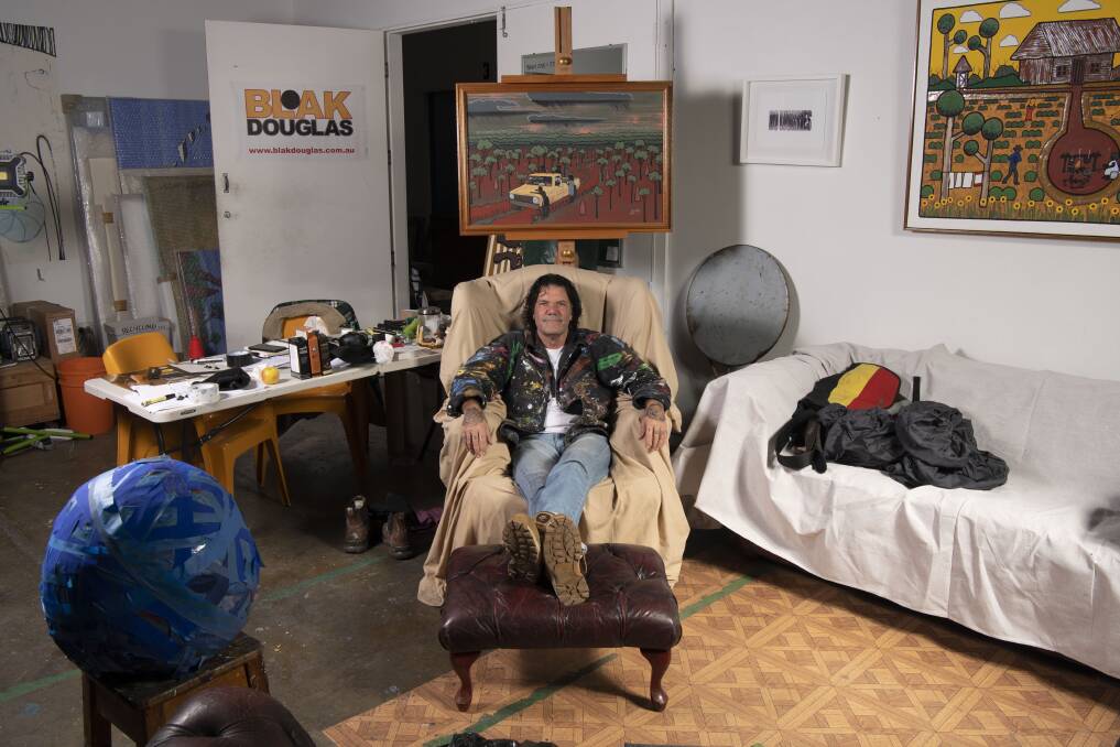 Blak Douglas in his Marrickville studio. Picture: Simon Bullard