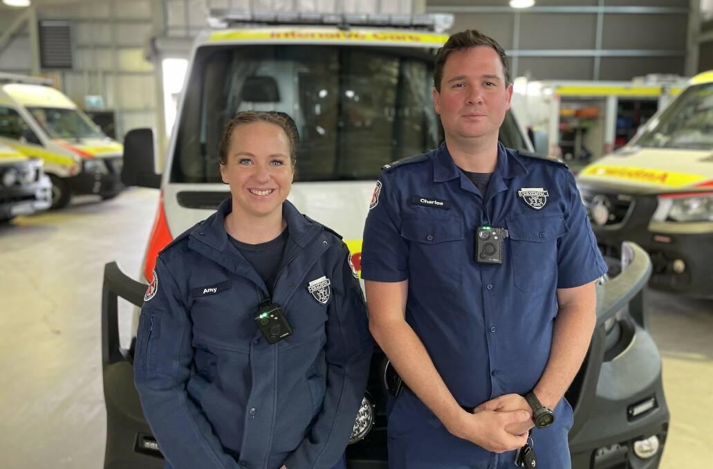 Paramedics Amy Barclay and Charles Milne wearing the new body worn cameras that are being trialled in the regional centre from December. Picture by Tim Piccione