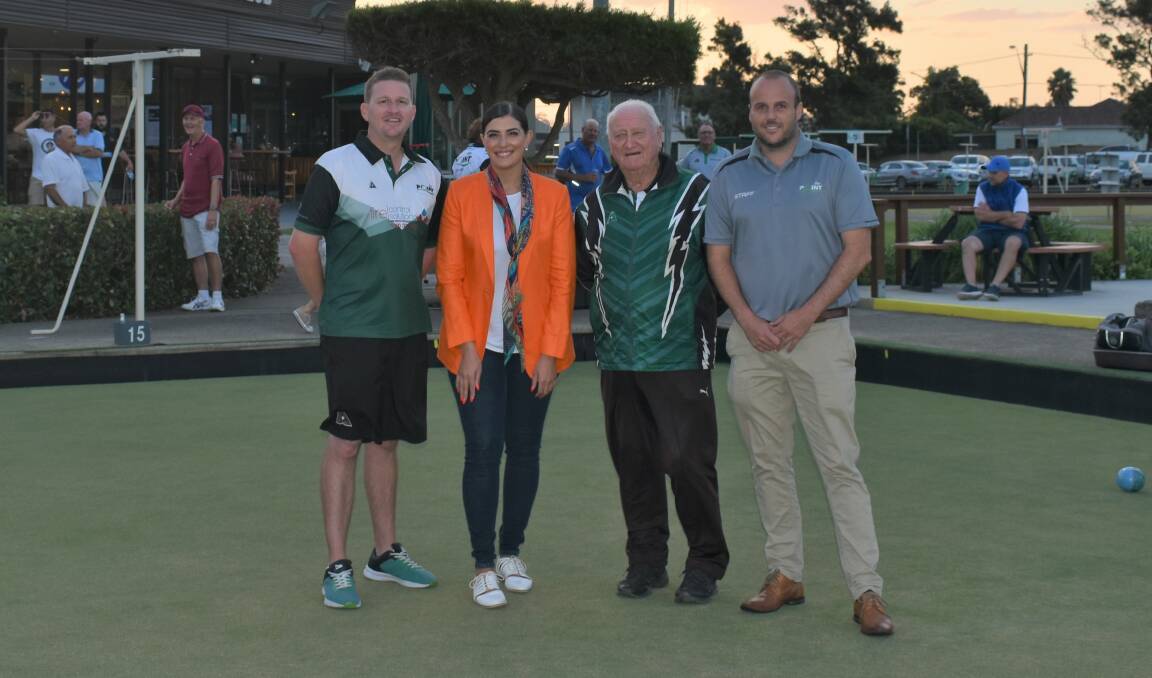 Supported: Miranda MP Eleni Petinos and Taren Point Bowling Club members Chris Green, Lyle Keats and Tim Wolfe on the bowling green. Picture: Supplied.