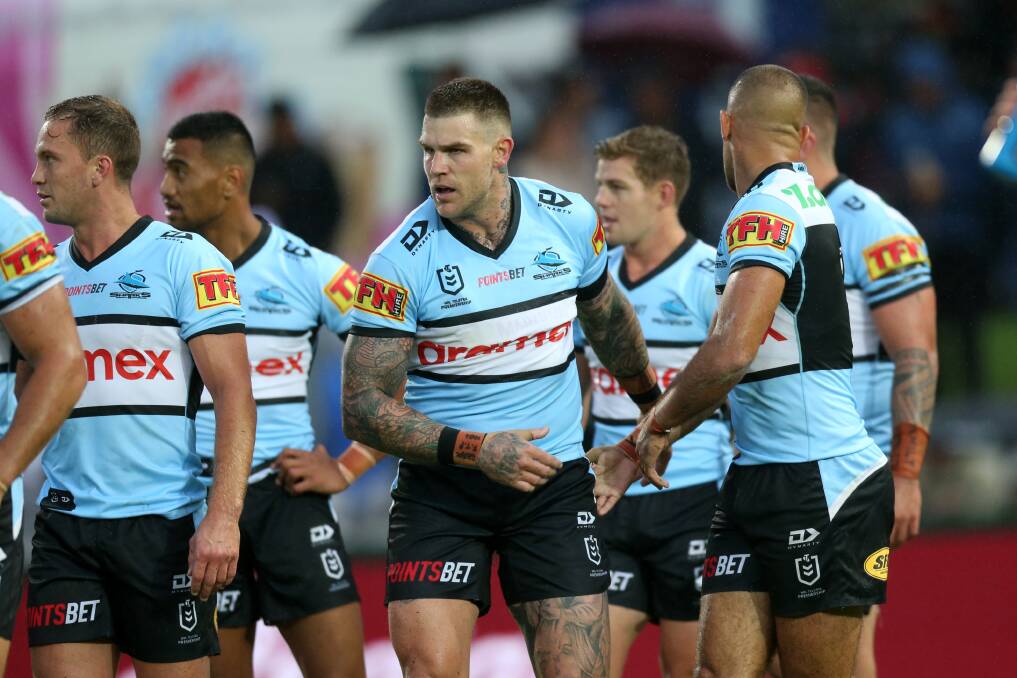 Terminated: Josh Dugan playing for the Sharks during the opening round of the 2021 NRL Telstra Premiership season. Picture: Geoff Jones.