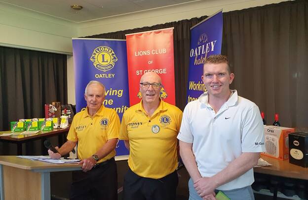 For the kids: John Craig and John Morgan stand with Raffle winner Kieran Bresnahan at the 2020 St George and Oatley Lions Clubs Annual Charity Golf Day. Picture: Supplied.