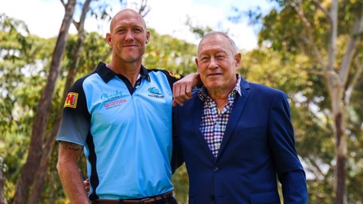 New era: Cronulla-Sutherland Sharks head coach for 2022, Craig Fitzgibbon, and his dad Allan, who was the club's head coach from 1988 until 1991. Picture: Sharks Media.